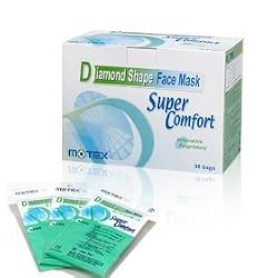 (Size M: 9.25cm x 14.5cm) Unique "Diamond Shape" Face Mask By Motex, Earloop, 3 Ply, Size M, Box of 50, Polybagged for Individual Storage