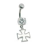 14 Gauge 3/8 White Iron Cross Charm - Surgical Steel Curved Barbell For Tongue Area