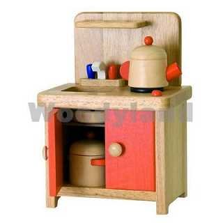 KÜCHE PUPPENKÜCHE HERD für PUPPEN incl. GESCHIRR TOPF TÖPFE HOLZ WOODY