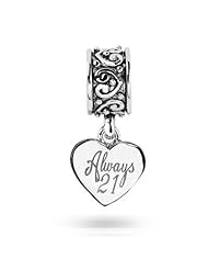 Special Gift, Sterling Silver "Always 21" Dangle Charm , Fits Pandora and All Brands Charm Bracelets and Necklaces.