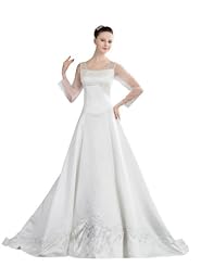 A-line Scoop Neck Spring Fall Satin/Tulle Sheer Sequined Wedding Dress  with a Court Train 