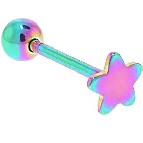 Rainbow Titanium Anodized 3-D STAR Barbell Tongue Ring