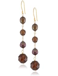 Gemstone Faceted Round Bead and Chocolate Color Rice Shape Freshwater Cultured Pearl with Gold over Silver Ear Wire Drop Earrings