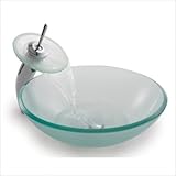 Kraus C-GV-101FR-12mm-10SN Frosted Glass Vessel Sink and Waterfall Faucet, Satin Nickel