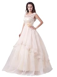 A-line Scoop Neck Spring Fall Winter Beaded Lace Applique Organza Floor Length  Cap Sleeves  Ball Gown Wedding Dress  With a Ribbon  and a Sash 