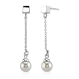 Coquettish Allure: Sterling Silver Bridal Style Linear Dangle Faux Pearl Earrings