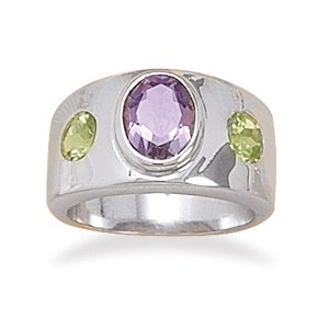 Peridot and Amethyst Bezel Set Ring - Size 8 by