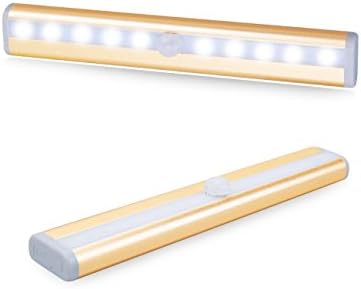 DEDEGUI Stick-on Anywhere Portable Super Bright 10 LED Wireless Motion Sensing Closet Light Cabinet LED Night Light/Step Light/Stairs Light w 3M Magnetic Strip (Battery Operated)-Gold