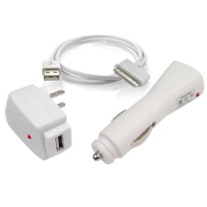 USB Sync Charge Data Cable + USB Auto Car Charger + USB Home Travel Charger for Apple iPad Tablet