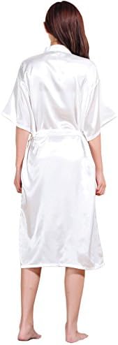 FUNG Women's Long Style Plain Satin Silk Bride Robe White XL