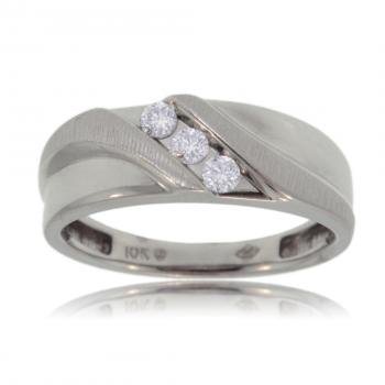 10K White Gold Men's Ring w Three Stone Diamonds