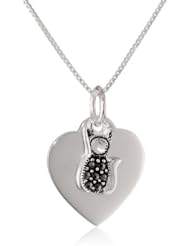 Sterling Silver Two-Piece Pendant Necklace with Heart and Marcasite Cat, 18"