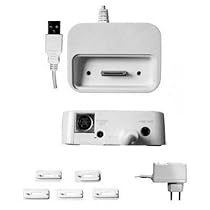 USB Docking Station fuer Ihren MP3-Player - Dockingstation mit 5 verschiedenen Einsaetzen fuer verschiedene MP3 Player, mit Ladegeraet, S-Video Out und Line Out!
