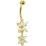 Solid 14KT Yellow Gold Cubic Zirconia DUAL LILY Dangle Belly Ring