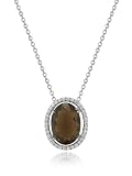 14K White Gold Matte-Finish Semi-Precious Stone Pendant, Centered with a Smokey Topaz Color Stone, Surrounded by Pave Set Diamonds, Sliding on a 16 Cable-Chain Necklace.