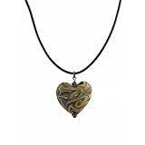 Necklace - N377 - Ceramic Heart on Leather Cord with Sterling Silver Clasp and Ends ~ Green - Gray- Brown Swirls