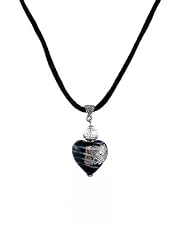 Necklace - N13 - Heart Shape Murano Style Glass ~ Black and Silver Stripe