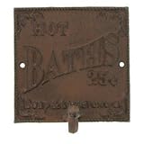 "ABC Products" - Heavy Cast Iron - 5-1/2 Inch Square Primitive Sign - With Hanger Hook - Wall Mount - With The Words "Hot Baths 25 Cents Soap and Towel Extra" - (Bronze Rustic Color Finish - With Raised Lettering)'