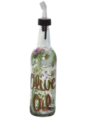 ArtisanStreet's Clear Glass Olive Oil Bottle. Hand Painted with Wildflower Design. Made to Order