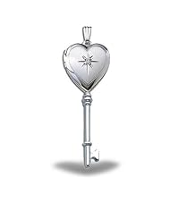 Sterling Silver Genuine Diamond KEY Heart Locket 1/2 inch x Over 1-1/4 inch - Sterling Silver