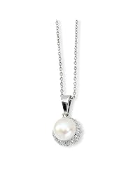 Sterling Silver CZ White Cultured Pearl 18In Necklace
