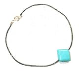 Diamond Shaped Genuine Turquoise Anklet / Ankle Bracelet On Black Leather Cord With Sterling Silver Clasps 9