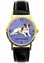 Jack Russell Terrier watch ladies or children's size 1. inch dial. Gold tone case Black leather band.