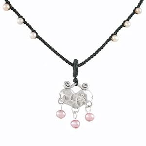 Hammered Heart Pendant in Sterling Silver on a 16" Black Hand Braided Choker Necklace Accented with Pink Pearl Gemstones, #8062