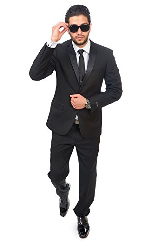 Slim Fit Men Suit Tuxedo Black 2 Button Satin Collar Flat Front Pants By Azar Man