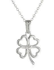 Sterling Silver Four Leaf Clover Heart Diamond Accent Pendant Necklace , 18"