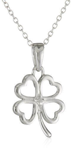 Sterling Silver Four Leaf Clover Heart Diamond Accent Pendant Necklace , 18"