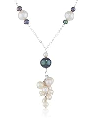 Sterling Silver White and Peacock Potato Freshwater Cultured Pearl Station and Cluster Drop Chain Necklace, 16"+2" Extender