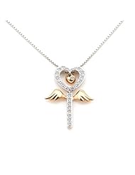 18K Rose And White Gold Two Tones Love, Lock, Angel Key Diamond Pendant With 925 Silver Chain (0.14 cttw, G-H Color, VS2-SI1 Clarity, 16")