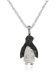 Sterling Silver Black and White Diamond Penguin Pendant Necklace