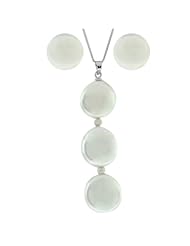 925 Silver White Triple Button Genuine Freshwater Pearl Necklace & Earring Set