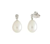 10k White Gold Oval Freshwater Cultured Pearl Diamond Accent Earrings