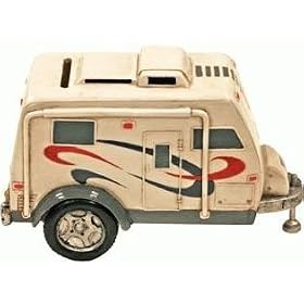 White Travel Camper Trailer Money Coin Bank - Money Change Collector Figure 7 Inches