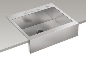 Kohler K-3935-4-NA Four-Hole Stainless Steel Sink with Shortened Apron-Front Vault for 30-Inch Cabinet Top-Mount Single Basin, Stainless Steel