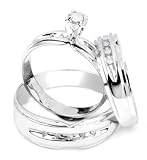 Men's Ladies 10K White Gold .18CT Round Cut Diamond Wedding Engagement Bridal Trio Ring Set