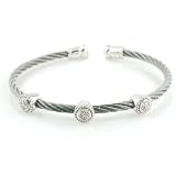 Choice of Stainless Steel Grey, Black or Yellow Cable w/ Sterling Silver Circle Bangle Cuff Bracelet (0.05 cttw, I color, I2 clarity)