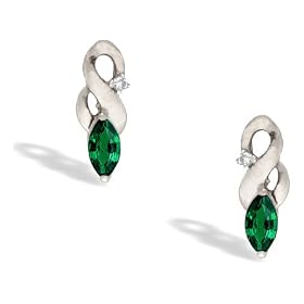 14K White Gold Marquise Created Emerald and Diamond Earrings by