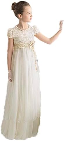 DressHome Long Lace Sleeves Ball Gown Winter Girls Dress with Sash (14, Ivory)