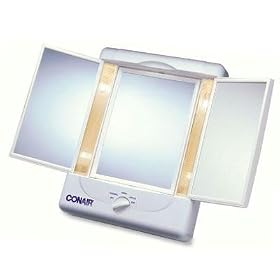 Click here to buy New Conair Double-Sided Lighted Mirror With 3 Panels And 4 Light Settings Regular 5x Magnification.