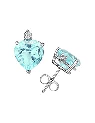 10mm Heart Aquamarine and Diamond Stud Earrings in 14K White Gold
