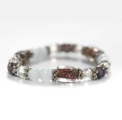 Lampwork Glass Beads Stretch Bracelet Purple Crystal- 7 Inches