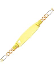 14K 3 Tri-color Gold 3.0mm Baby Heart ID Figaro Bracelet with Lobster Claw Clasp - 6" Inches