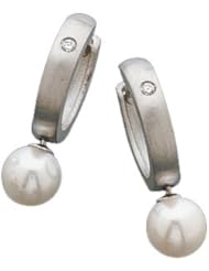 Ann Harrington Jewelry Platinum 6.5 mm Cultured Pearl And .04 Ct Tw Diamond Hinged Earrings