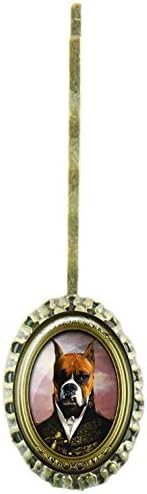 Scalloped hairpin with oval glass cabochon protecting a design with a dog dressed up an army general