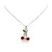 Fashion Cherry Pendant Necklace Silver Metal with Red and Green Rhinestones