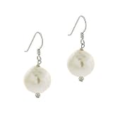 Sterling Silver .925 White Genuine Freshwater Cultured Coin Pearl Round Hook Dangle Earrings
